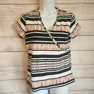 Ruby Rd Top SP Striped Faux Wrap Beaded Trim Petite Casual Chic